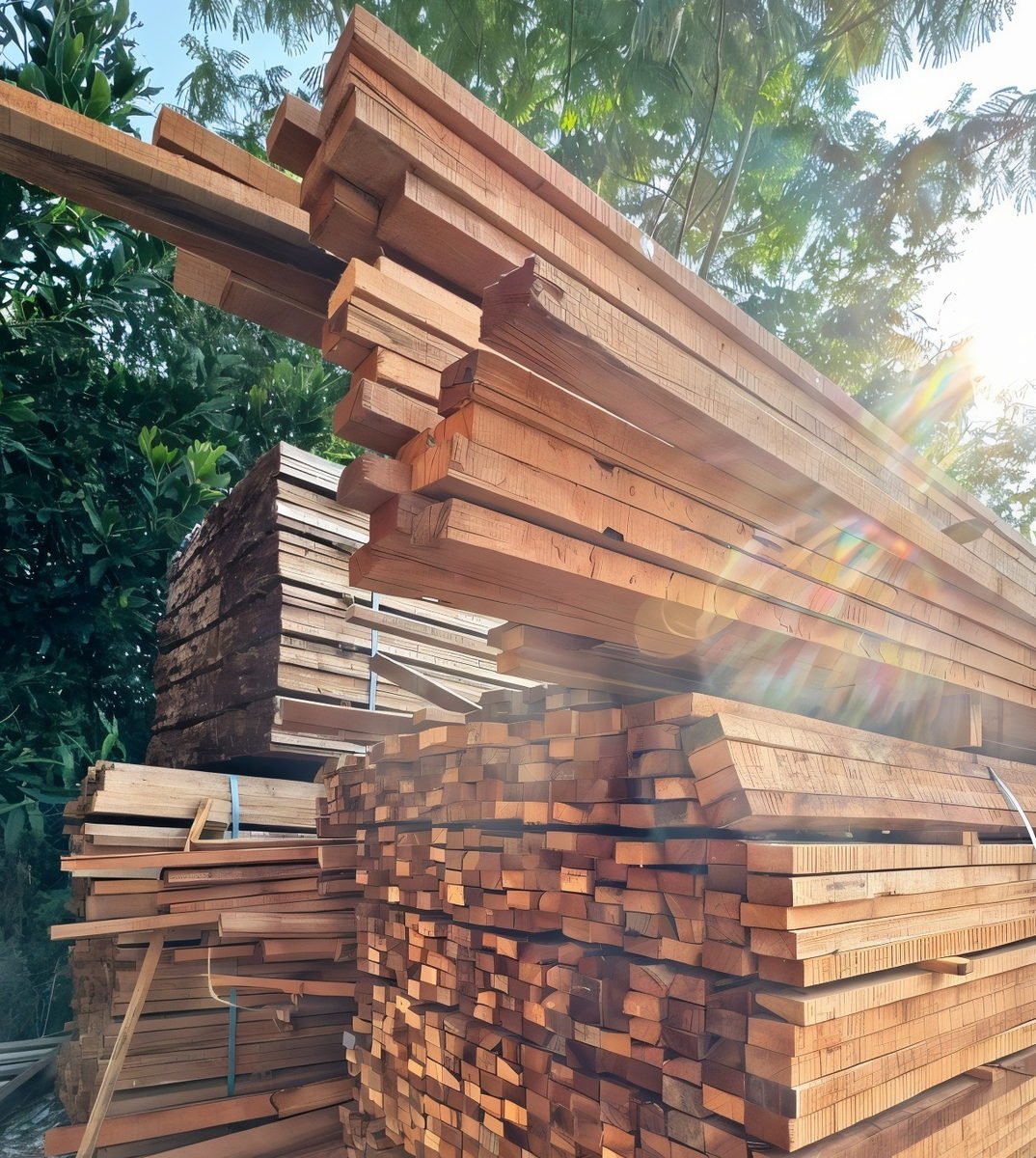 Timbunan tinggi kayu keras gergaji di kedai Hang Soon Timber pada waktu pagi